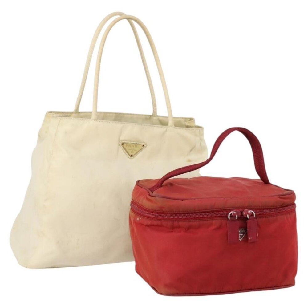 PRADA Hand Bag Nylon 2 Set Red White Auth bs30661